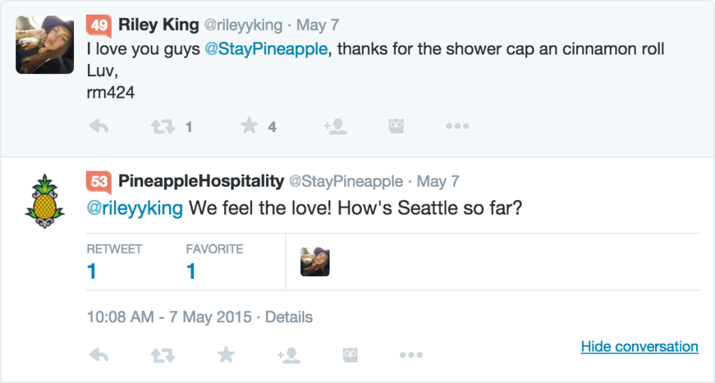 Example Social Media twitter response from Pineapple Hospitality responding to guest request. 